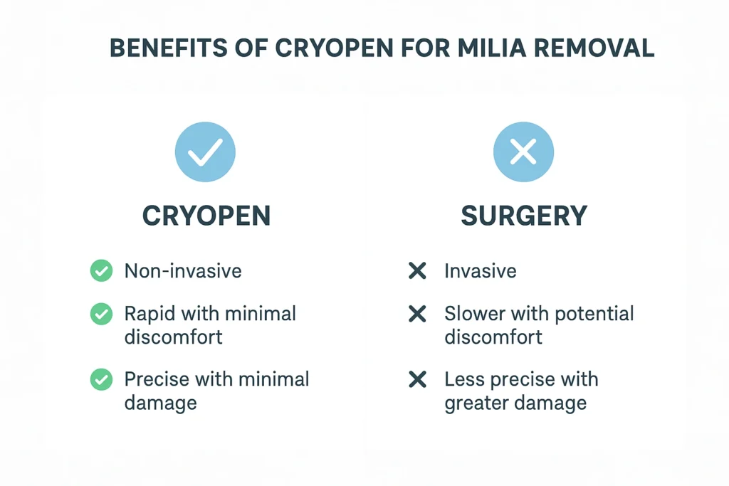 Benefits of cryopen for milia removal Wimbledon compared to surgical treatments.