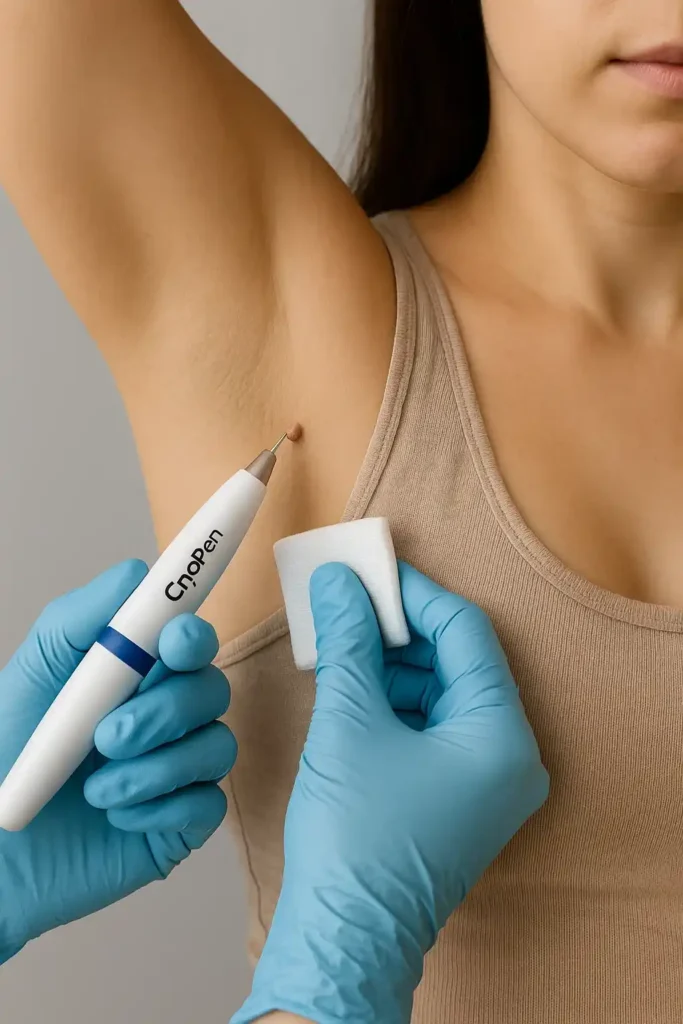 woman having cryopen to remove underarm skin tags Wimbledon
