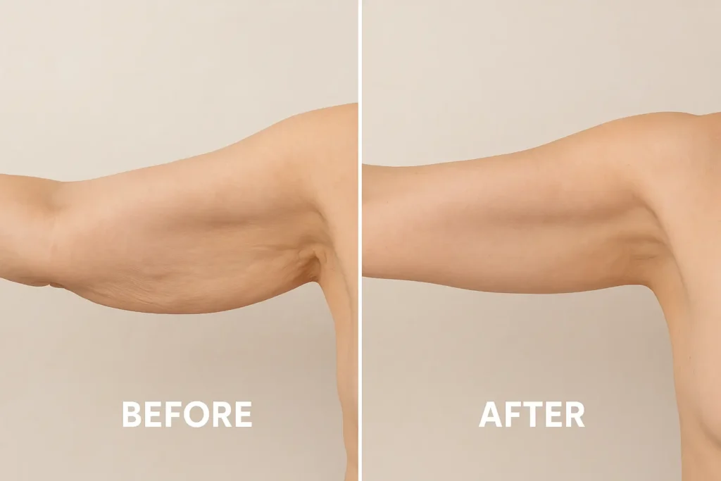 Picture of LA LIPO Wimbledon before and after results of skin tightening treatment on the upper arms.