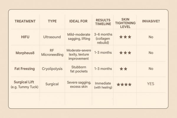 Table showing the comparisons of Skin tightening Wimbledon treatment options.